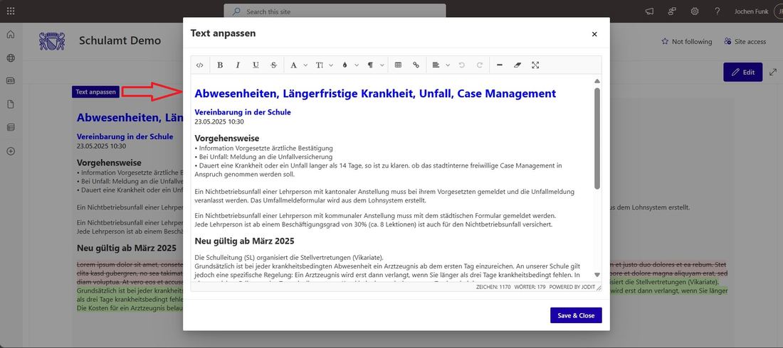 Bearbeitungsmodus mit Rich-Text-Editor direkt im Browser